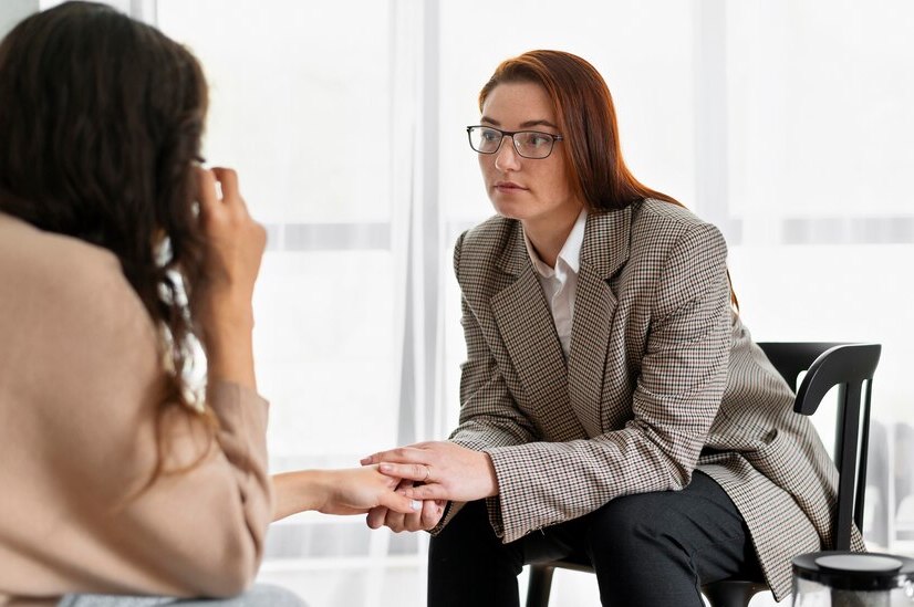 therapist holding crying woman's hand